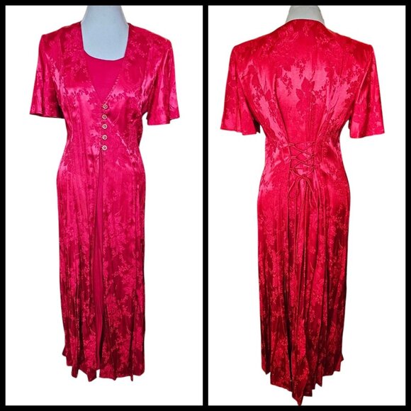 Vintage Dresses & Skirts - 90s Womens Red Floral Satin Layered Maxi Dress‎ Laceup Buttons Sz 12 Vintage